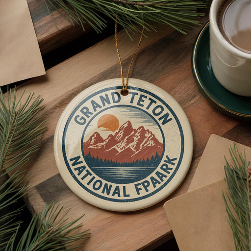 A circular ornament with the text "GRANDTETON NATIONAL FPAARK" and a mountain landscape design, hanging on a wooden surface with pine branches and a cup of coffee nearby.