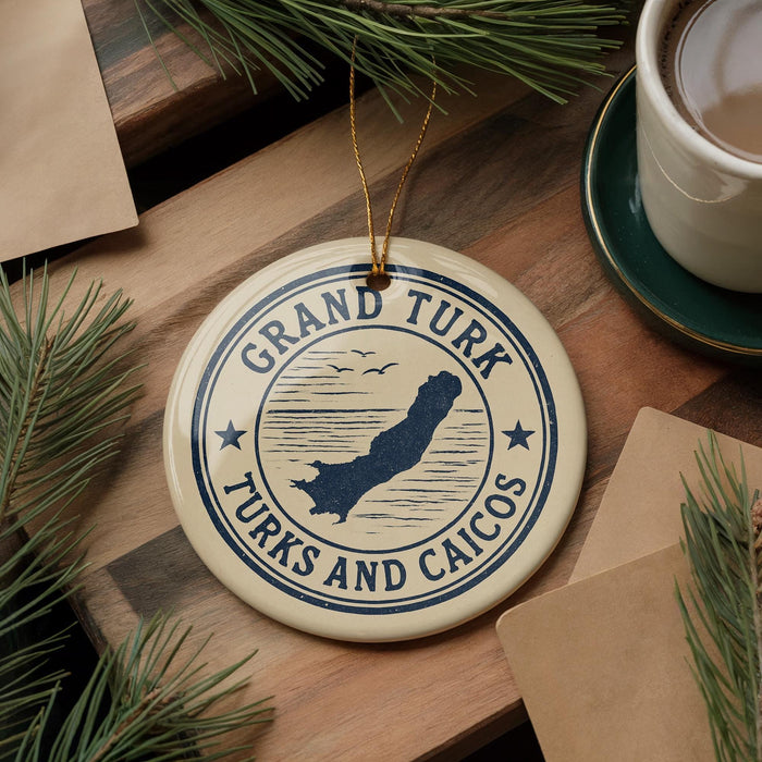 A circular ornament with the text "GRAND TURK TURKS AND CAICOS" printed on it, along with a graphic of a map of the Grand Turk region, is displayed on a wooden surface.