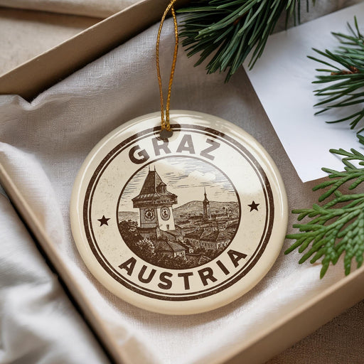 A circular ornament with the text "GRAZ AUSTRIA" and an illustration of a clock tower, hanging from a string.