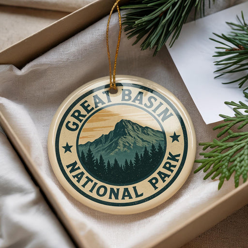 A circular ornament with the text "GREAT BASIN NATIONAL PARK" and a mountain landscape design, hanging from a string.