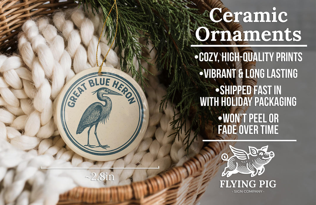 a ceramic ornament hanging from a wicker basket, with a text overlay providing information about the ornament.
