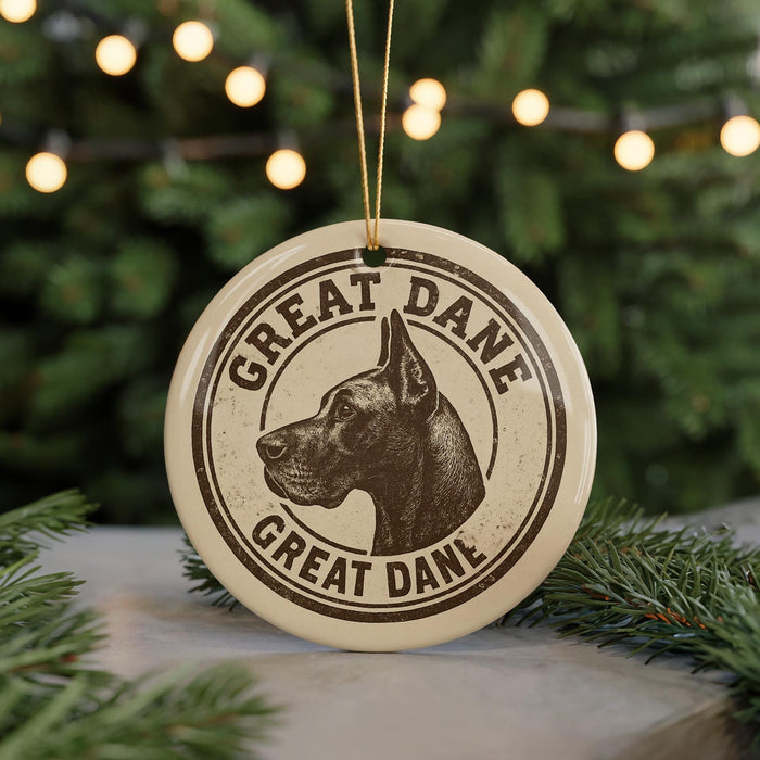A circular ornament featuring a Great Dane dog's head, with the text "GREAT DANE" around the edge.