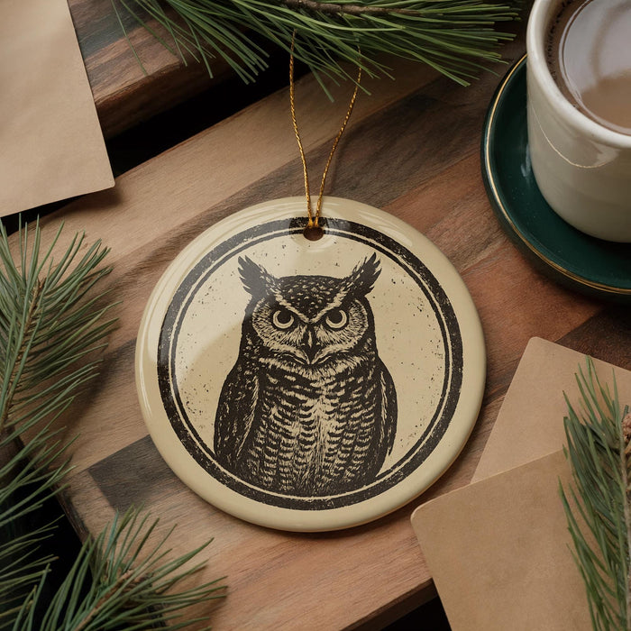 a round ornament with an owl design, placed on a wooden surface next to a cup of coffee and some pine branches.