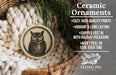 Ceramic ornaments, featuring a ceramic owl ornament hanging from a wicker basket.