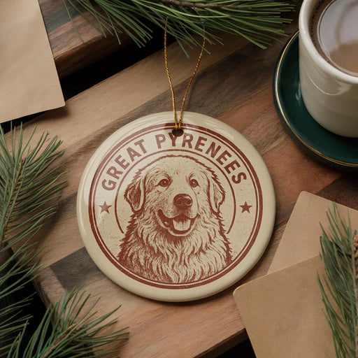 A circular ornament featuring a dog's face, with the text "GREAT PYRENEES" around the edge, is displayed on a wooden surface alongside a cup of coffee and some pine branches.