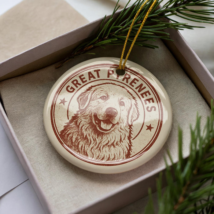 A circular ornament with a dog image and the text "GREAT PIRENES" on it, placed in a box with pine branches.