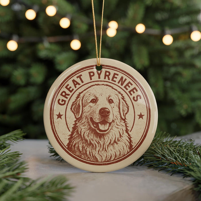 A circular ornament featuring a large brown dog with a smiling expression, surrounded by Christmas lights and greenery.