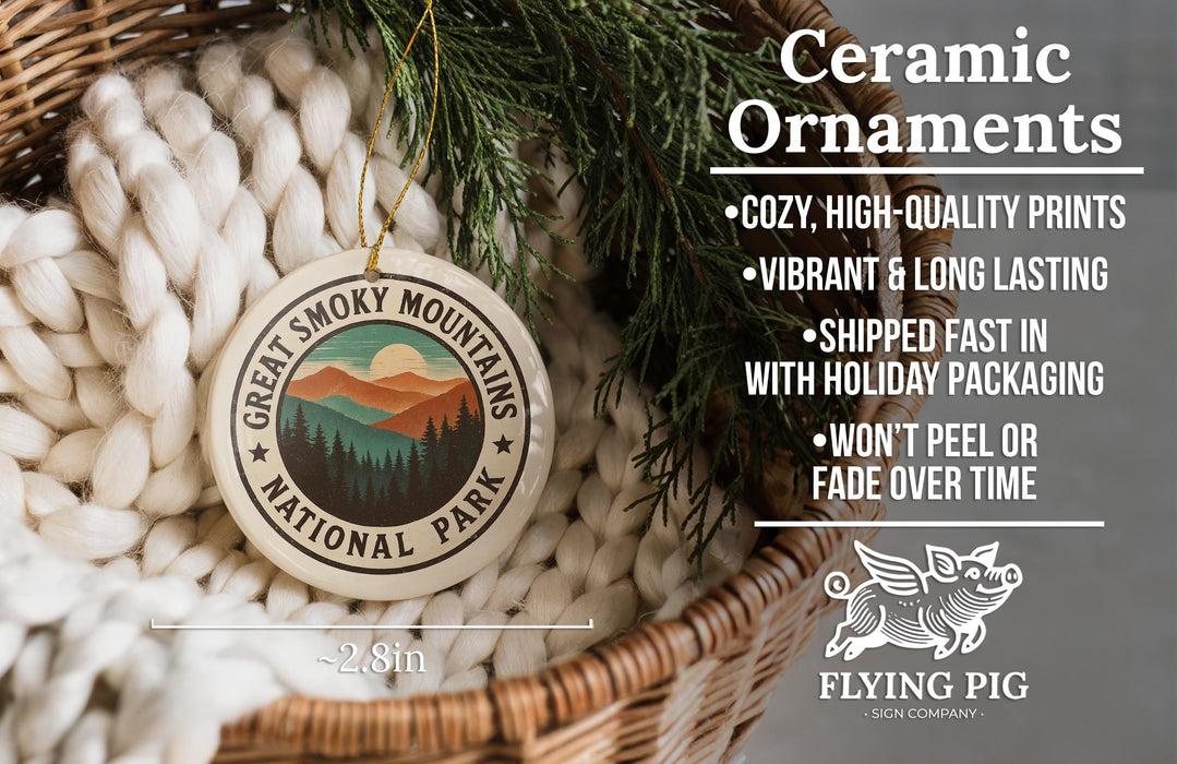 a ceramic ornament hanging from a wicker basket, with a text overlay providing information about the ornament.