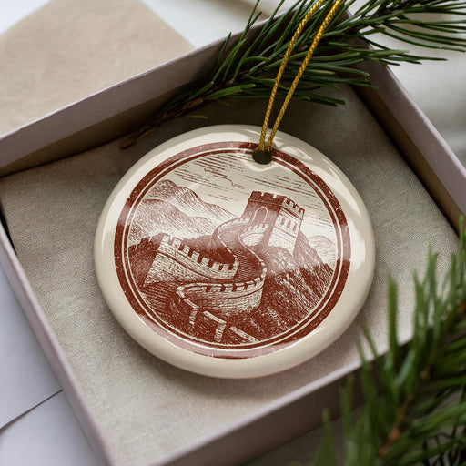 A decorative ornament in a box, featuring a detailed illustration of the Great Wall of China.