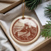 A round ornament with a castle on a hill, featuring a winding staircase, is displayed in a box with pine branches.