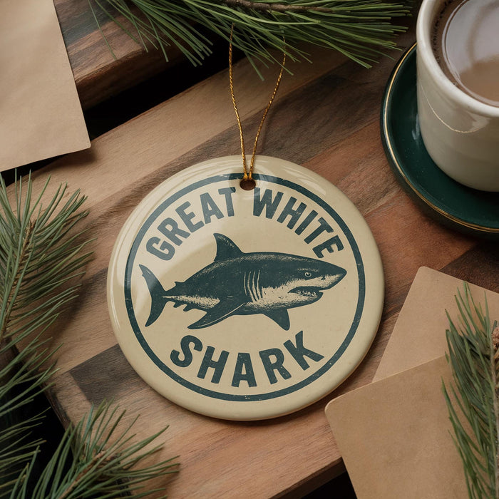 A circular ornament with the text "GREAT WHITE SHARK" and a graphic of a shark is displayed on a wooden surface, surrounded by pine branches and a cup of coffee.