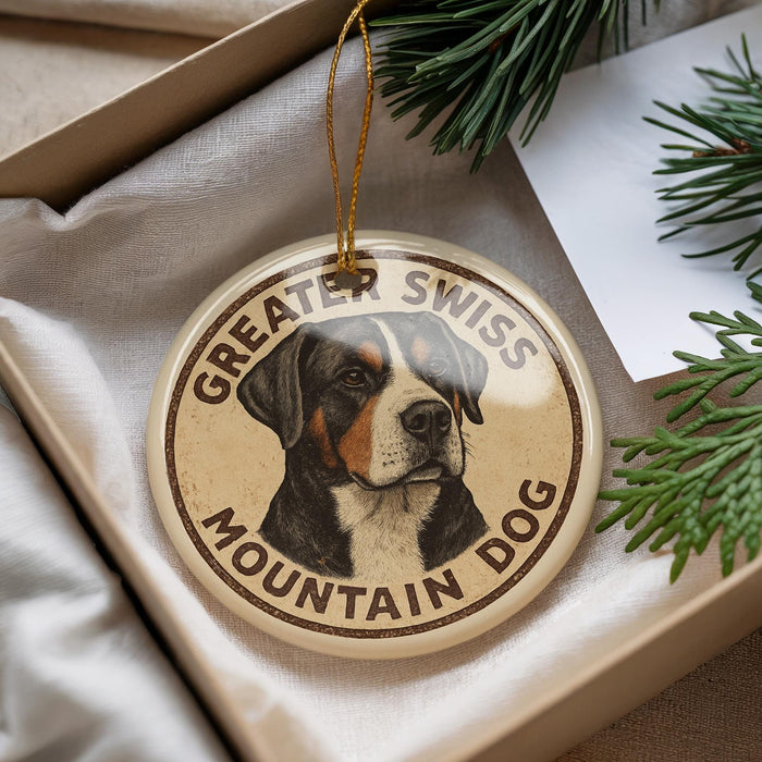 A round ornament featuring a dog's head and the text "GREATER SWISS MOUNTAIN DOG" is displayed in a box with pine branches.