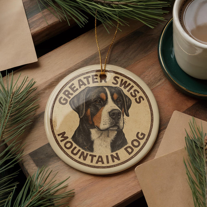 A round ornament featuring a dog's face with the text "GREATER SWISS MOUNTAIN DOG" is displayed on a wooden surface, surrounded by pine branches and a cup of coffee.