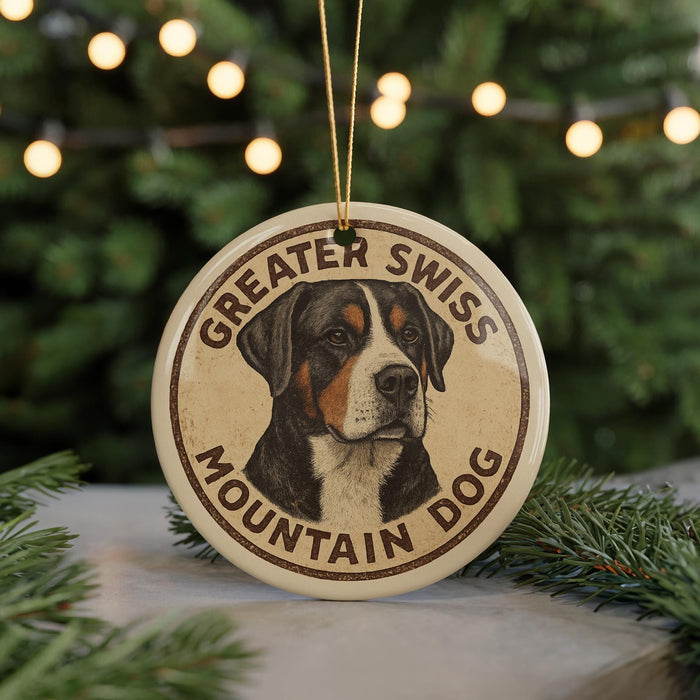 A round ornament featuring a mountain dog, with the text "GREATER SWISS MOUNTAIN DOG" around the dog's face.
