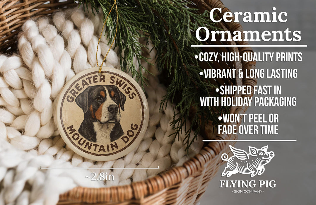 Ceramic ornaments featuring a Great Swiss Mountain Dog, with text describing the ornaments as cozy, high-quality prints, vibrant, long-lasting, and shipped fast in holiday packaging.