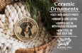 Ceramic ornaments featuring a Great Swiss Mountain Dog, with text describing the ornaments as cozy, high-quality prints, vibrant, long-lasting, and shipped fast in holiday packaging.