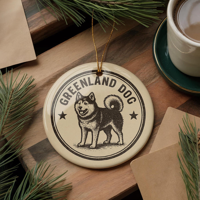 A circular ornament featuring a black and white illustration of a husky dog, with the text "GREENLAND DOG" prominently displayed. The ornament is hanging from a string, and there is a cup of coffee and some pine branches visible in the background.
