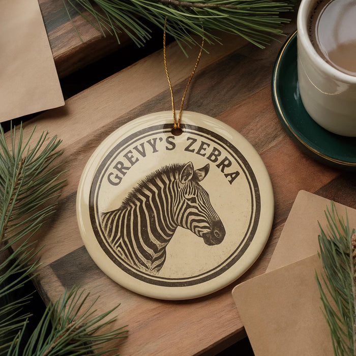 A circular ornament featuring a zebra's head is displayed on a wooden surface, surrounded by pine branches and a cup of coffee.