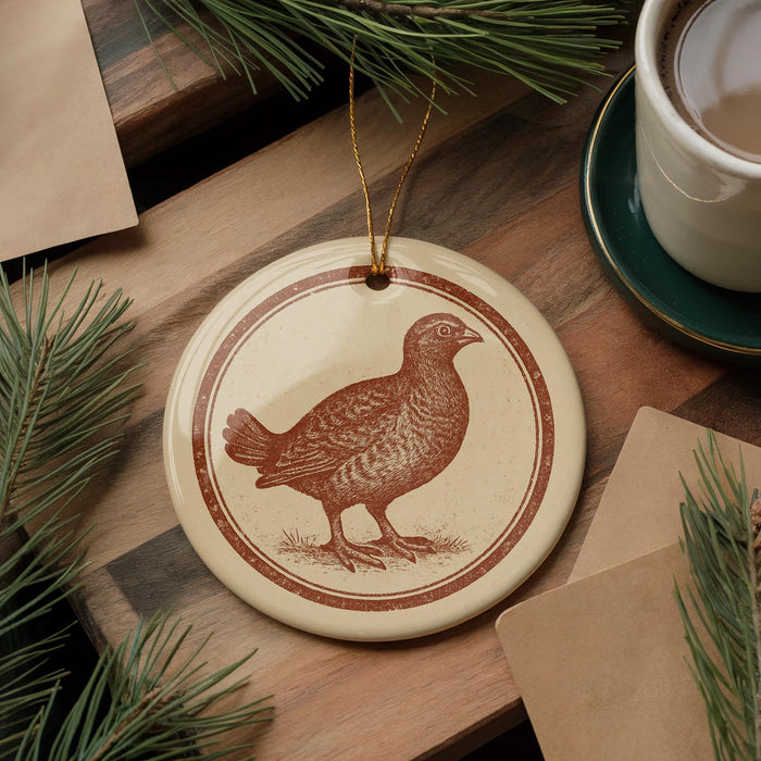 a round ornament with a brown bird illustration on it, placed on a wooden surface next to a cup of coffee and some pine branches.