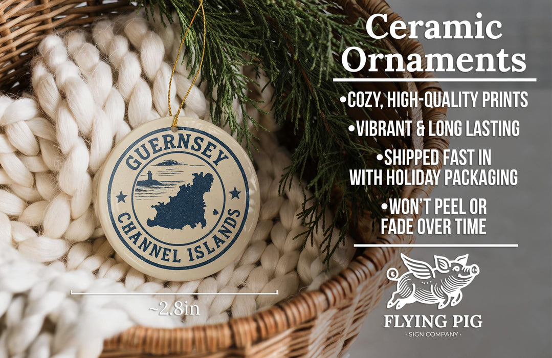 Ceramic ornaments, featuring a round ornament with a design of the Channel Islands, are displayed in a woven basket.