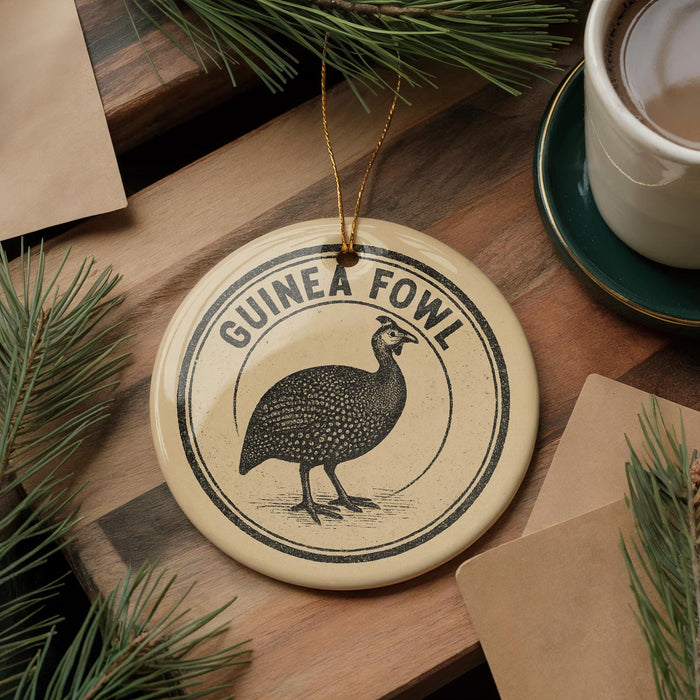A decorative ornament featuring a guinea fowl, a type of bird, is displayed on a wooden surface alongside a cup of coffee and some pine branches.