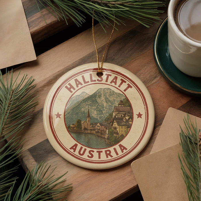 A circular ornament with the text "HALLSTAT" and "AUSTRIA" is displayed on a wooden surface, surrounded by pine branches and a cup of coffee.