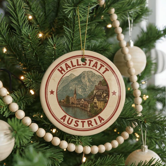 A circular ornament on a Christmas tree, featuring a scenic image of Hallstatt Austria with a mountain backdrop.
