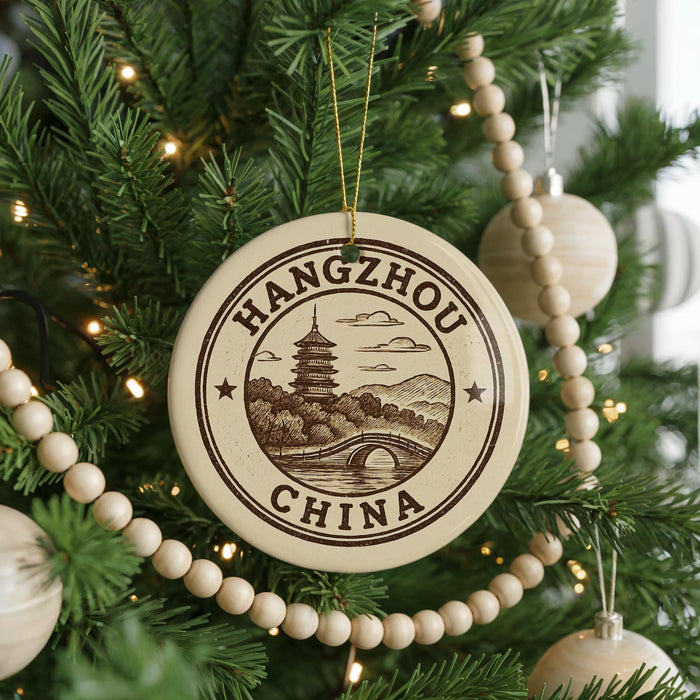 A circular ornament on a Christmas tree, featuring a design of a pagoda and mountains, with the text "HANGSZHOU CHINA" printed on it.