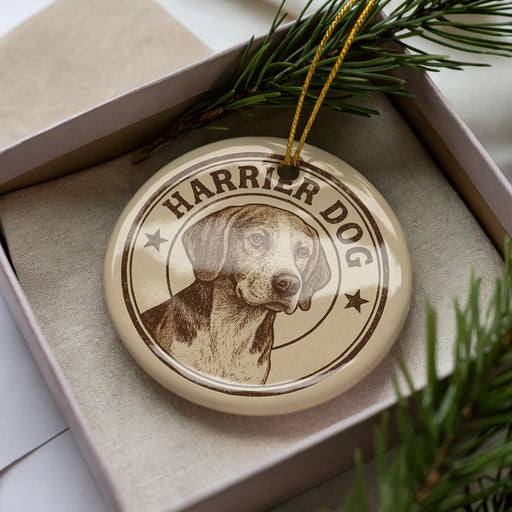 A circular ornament featuring a dog's face, with the text "HARRIS DOG" prominently displayed.
