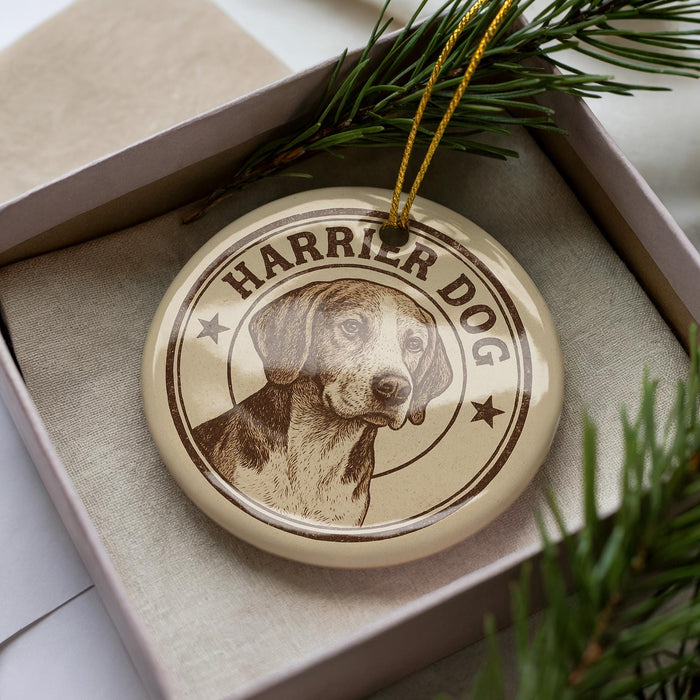 A circular ornament featuring a dog's face, with the text "HARRIS DOG" prominently displayed.