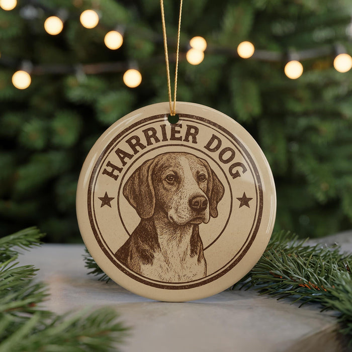 A circular ornament featuring a close-up of a dog's face, with the text "HARRIER DOG" prominently displayed.