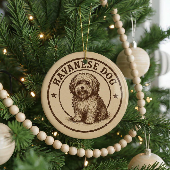 A round ornament on a Christmas tree featuring a dog image, with the text "HAVANESE DOG" around the edge.