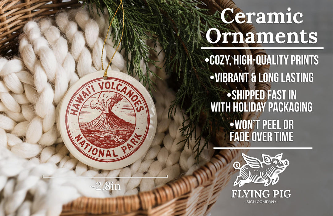 Ceramic ornaments, featuring a Hawaiian volcano design, are displayed in a woven basket.