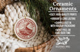 Ceramic ornaments, featuring a Hawaiian volcano design, are displayed in a woven basket.