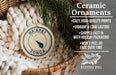a ceramic ornament hanging from a wicker basket, with a text overlay providing information about the ornament.
