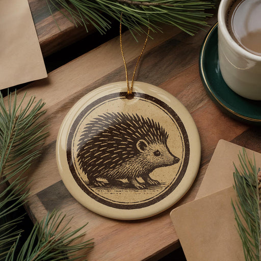 a round ornament with a porcupine design, placed on a wooden surface next to a cup of coffee and some pine branches.