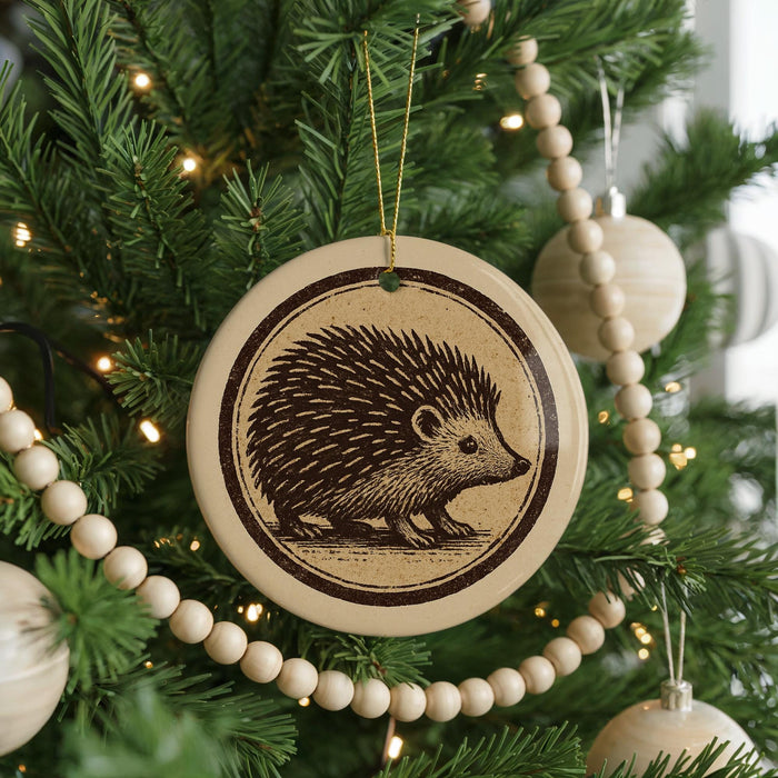 A Christmas tree decorated with ornaments, including a porcupine ornament, and a string of beads.