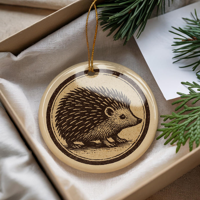 A round ornament featuring a porcupine is displayed in a box, surrounded by pine branches.