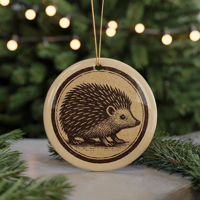 A round ornament featuring a porcupine design is displayed in front of a blurred background of Christmas lights.