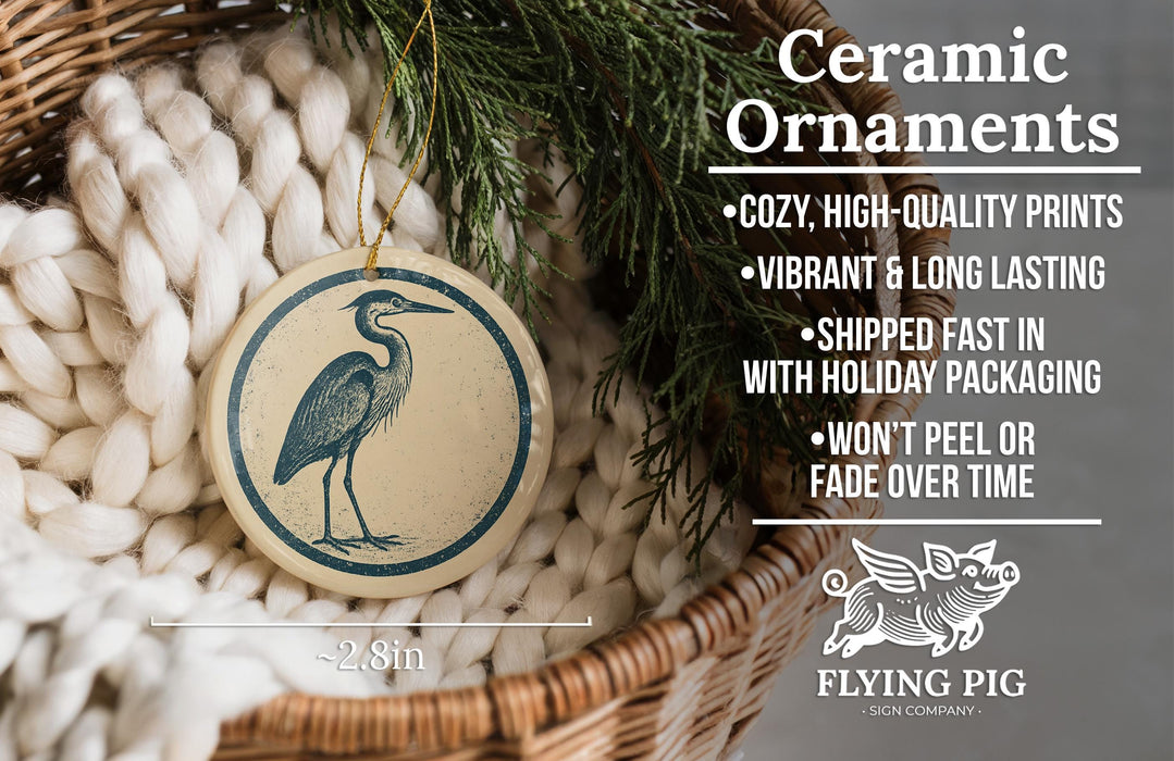 Ceramic ornaments, featuring a ceramic bird ornament hanging from a wicker basket.