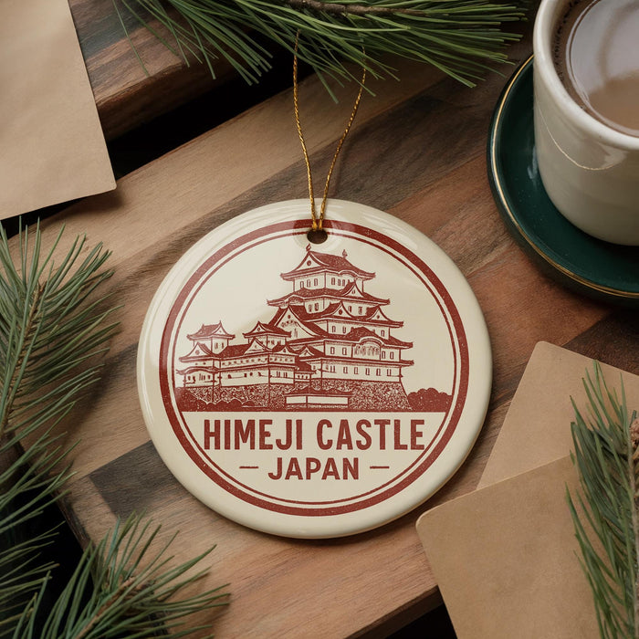 A circular ornament featuring the image of the Himeji Castle in Japan, surrounded by pine branches and a cup of coffee on a wooden surface.
