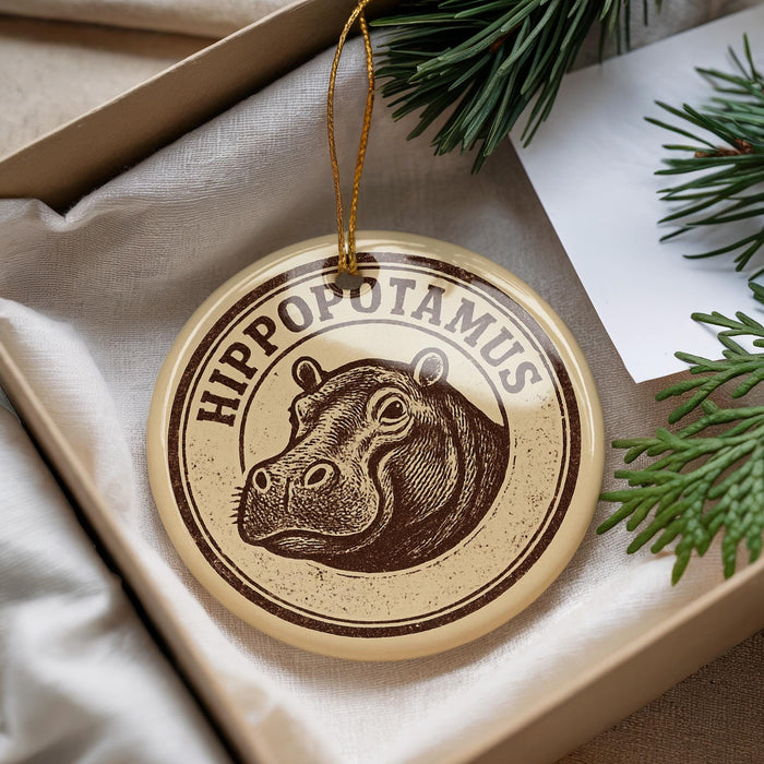 A circular ornament with a hippopotamus image and the text "HIPPOPOTAMUS" is displayed in a box, surrounded by pine branches.