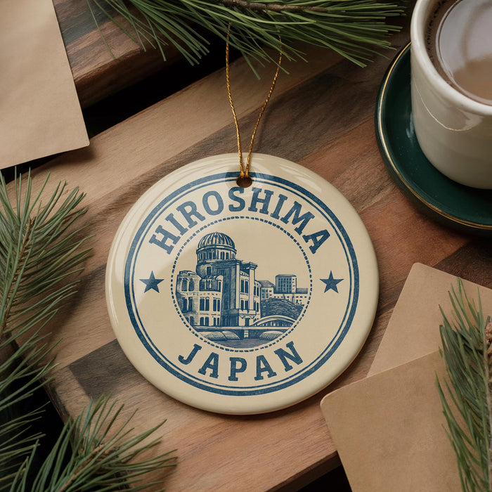 A circular ornament with the text "HIOSHIIMA JAPAN" and an illustration of a building, placed on a wooden surface next to a cup of coffee and some pine branches.