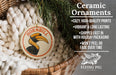 Ceramic ornaments, specifically Hornbill ornaments, are displayed in a woven basket. The text highlights the ornaments as "cozy, high-quality prints" and "vibrant and long lasting", with a description of their shipping speed and packaging. The image also includes a logo for "Flying Pig - SIGN COMPANY".