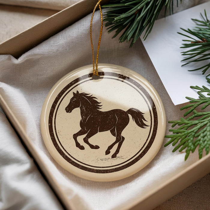A decorative ornament featuring a horse silhouette is displayed in a box, surrounded by pine branches.