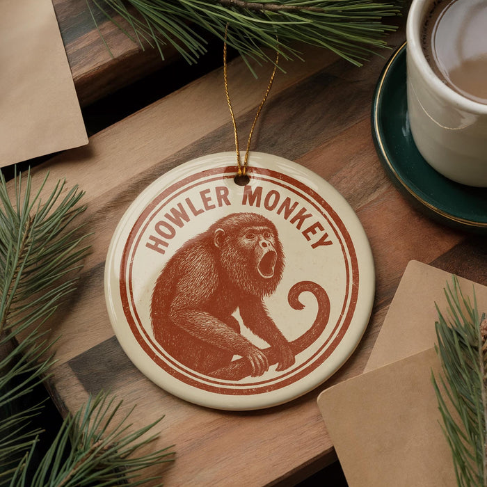 A round ornament featuring a monkey sitting on a branch, with the text "HOWLER MONKEY" printed on it. The ornament is hanging from a string, and there is a cup of coffee and some pine branches in the background.