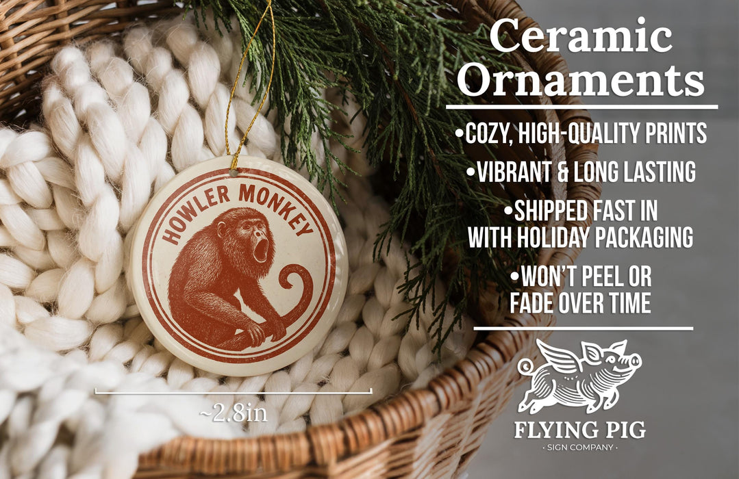 Ceramic ornaments, featuring a ceramic monkey ornament with a coziness, high-quality print, vibrant and long lasting, and shipped fast in holiday packaging.