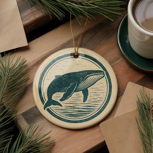 a circular ornament with a whale design, placed on a wooden surface next to a cup of coffee and some pine branches.