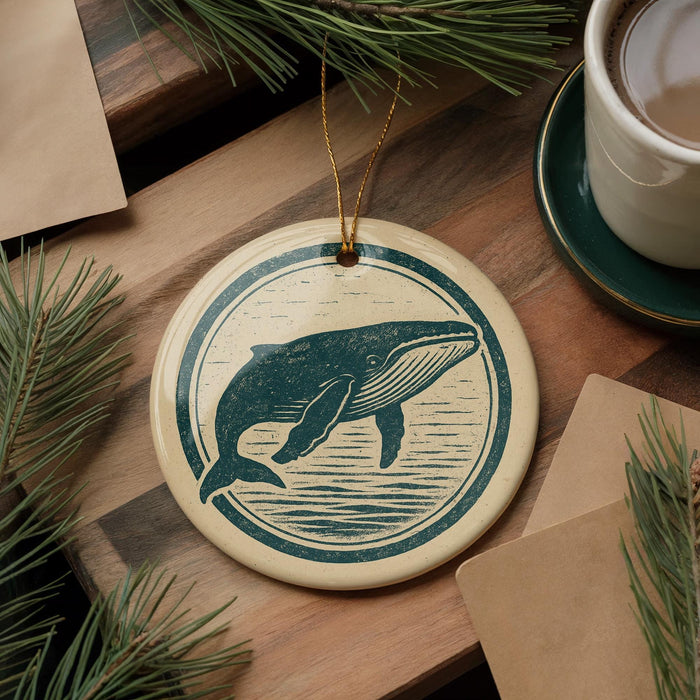 a circular ornament with a whale design, placed on a wooden surface next to a cup of coffee and some pine branches.