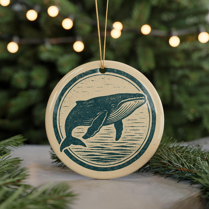 A round ornament featuring a whale design is displayed in front of a blurred background with Christmas lights.